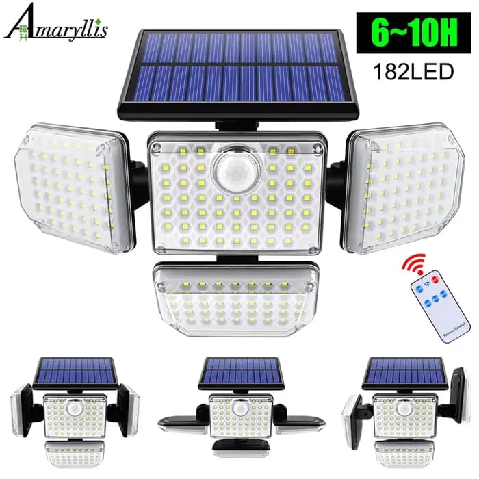 Projecteur de sécurité solaire à 182/112 LED, 3 modes d'éclairage, tête d'éclairage réglable, éclair