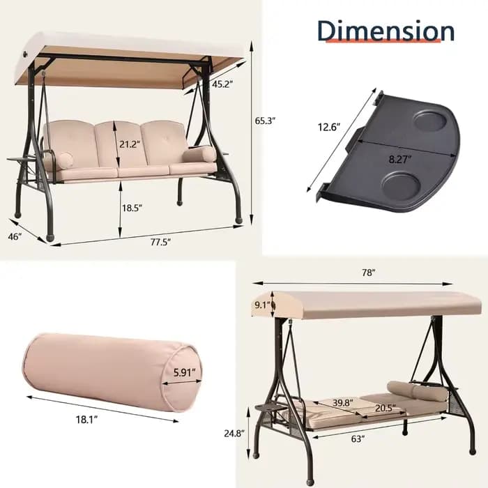 Balançoire de porche de Patio, balançoire extérieure à 3 places avec auvent réglable, coussin en tis