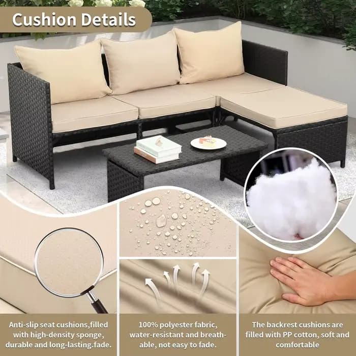 Ensemble de mobilier d'extérieur 3 pièces en rotin PE, canapé d'angle de conversation en osier noir 