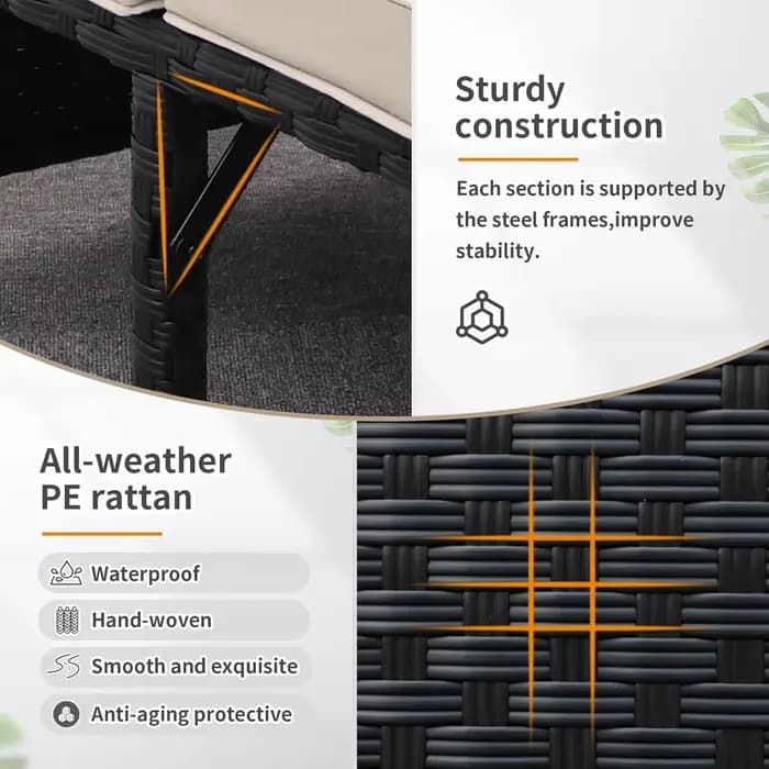 Ensemble de mobilier d'extérieur 3 pièces en rotin PE, canapé d'angle de conversation en osier noir 