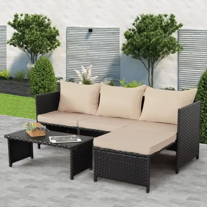 Ensemble de mobilier d'extérieur 3 pièces en rotin PE, canapé d'angle de conversation en osier noir 