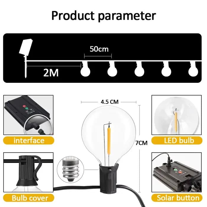 12M 30 LEDS G40 guirlandes solaires lumières de Patio extérieur solaire et alimenté par USB étanche 