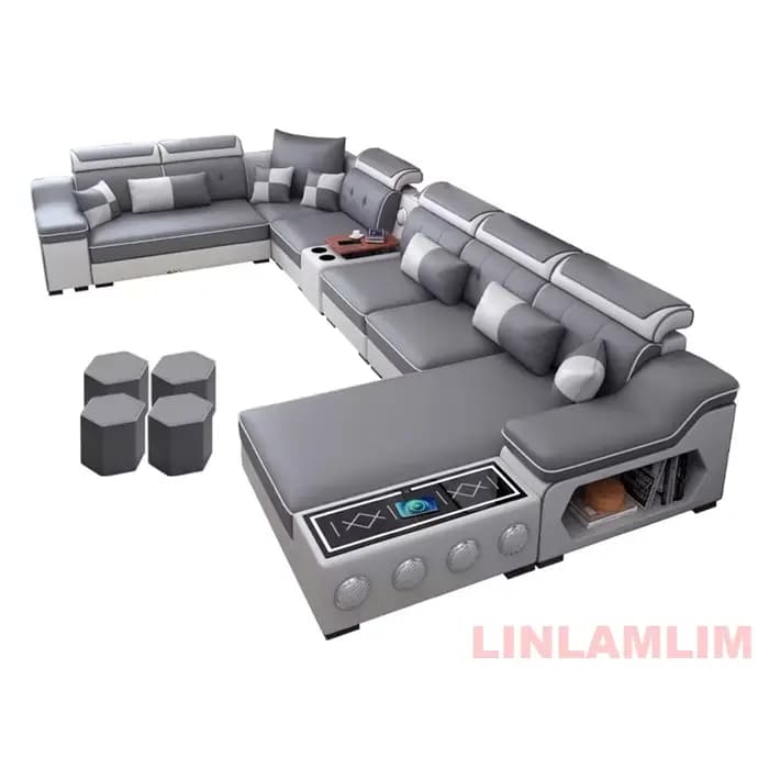Linlamlim Ensemble de canapés sectionnels modernes en tissu avec chaise longue, haut-parleurs Blueto