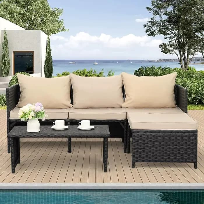 Ensemble de mobilier d'extérieur 3 pièces en rotin PE, canapé d'angle de conversation en osier noir 