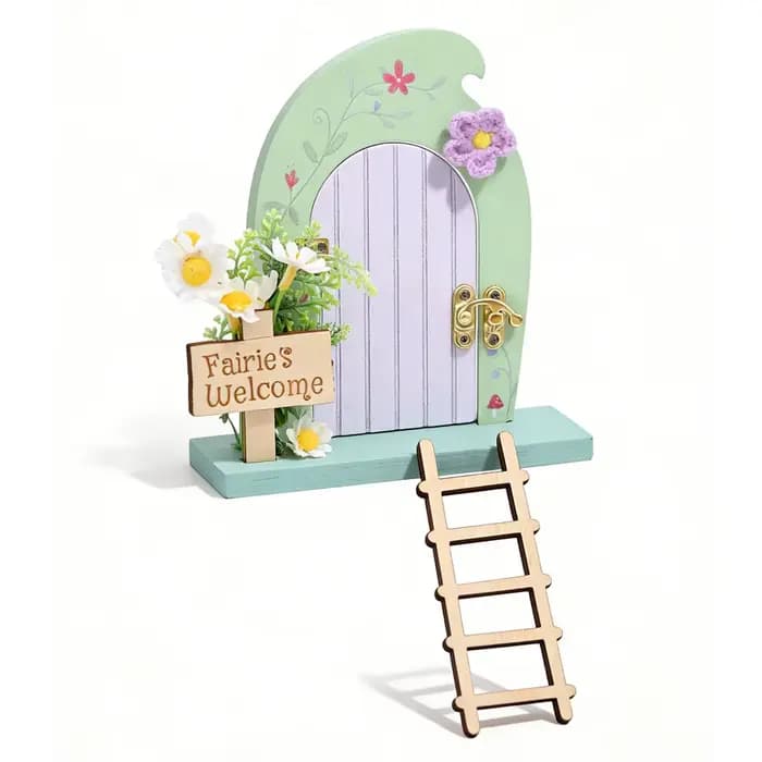 Ensemble de décoration de porte de jardin féerique – Porte de fée en bois avec plante, fleur au croc