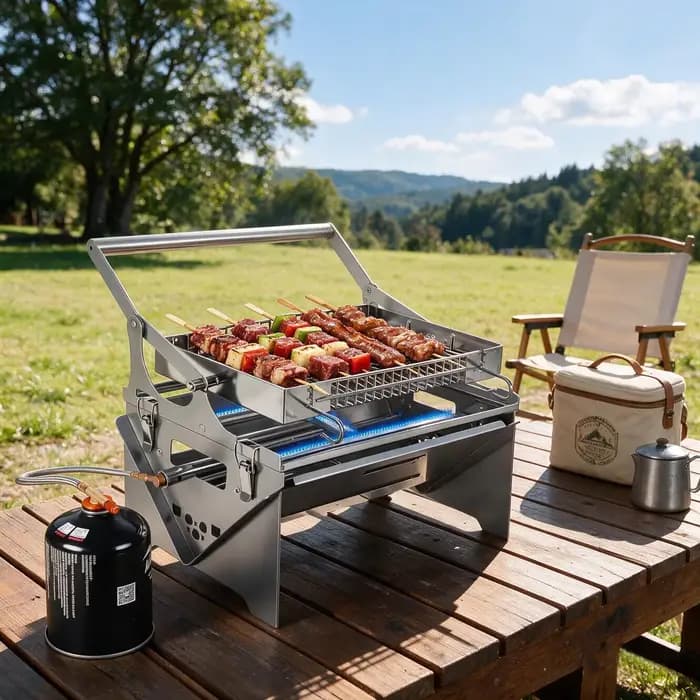 Barbecue à gaz portable, 360 °   Barbecue rotatif au charbon de bois, barbecue de camping en acier i