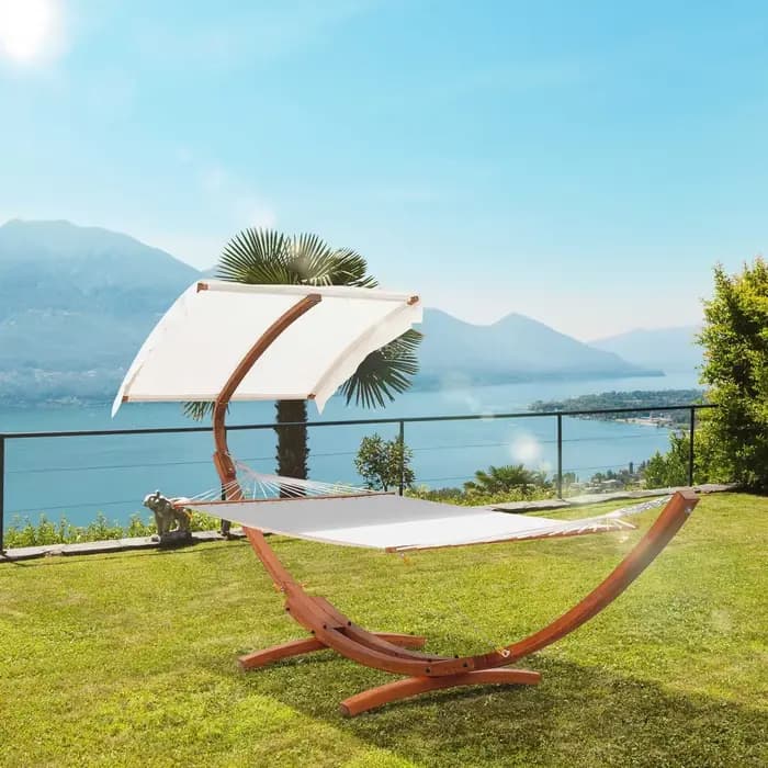 Hamac extérieur avec support et accessoires, cadre en bois robuste, auvent pare-soleil extra large