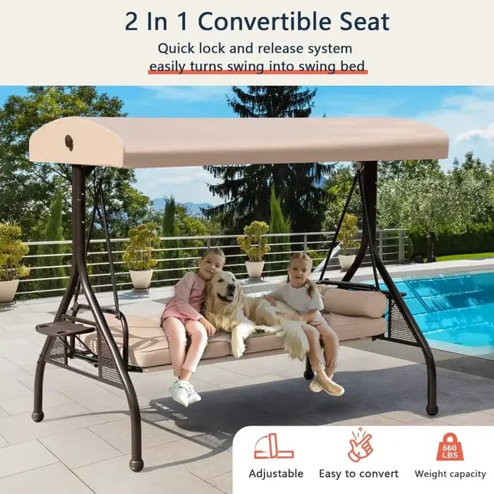 Balançoire de porche de Patio, balançoire extérieure à 3 places avec auvent réglable, coussin en tis