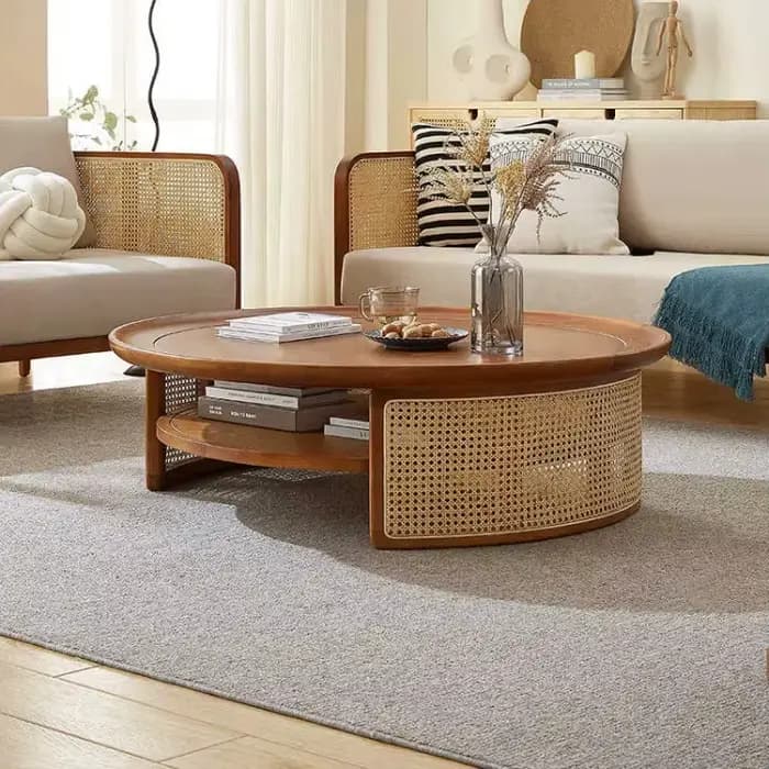 Table à thé ronde en rotin et bois massif de style japonais, pour la maison, Simple, petit apparteme