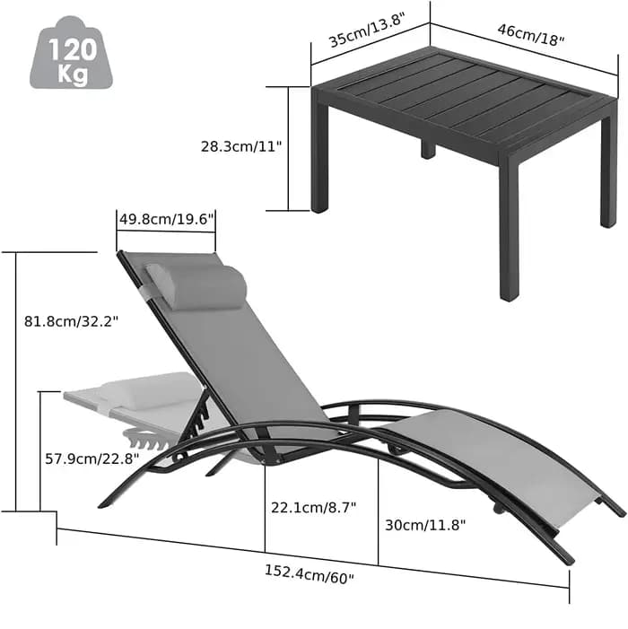 Chaise longue en aluminium pour l'extérieur, 5 positions réglables, table, piscine, jardin, plage, c