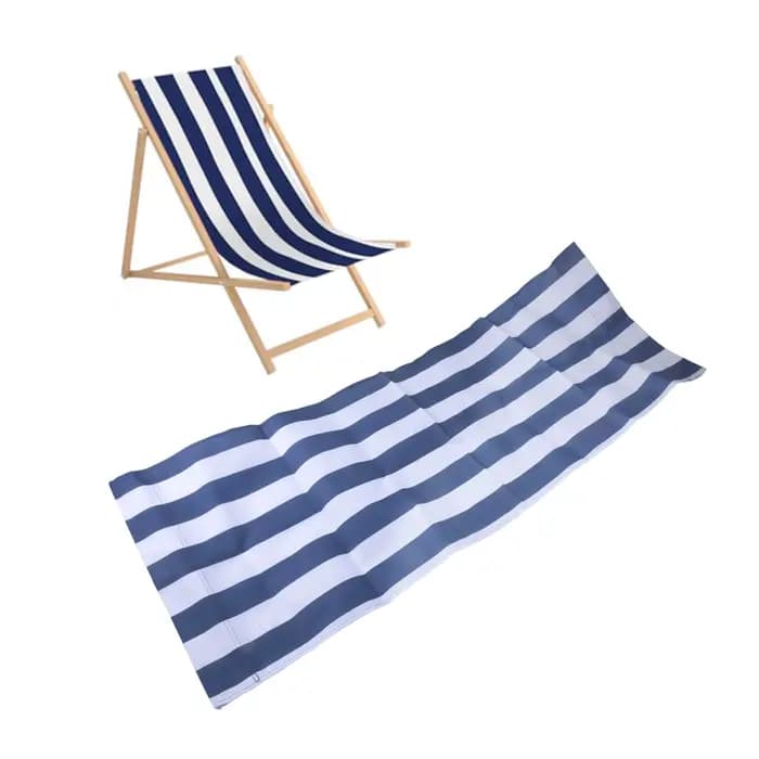 Chaise longue pliante en bois, tissu à rayures bleues et blanches, chaise de plage, chaise longue de
