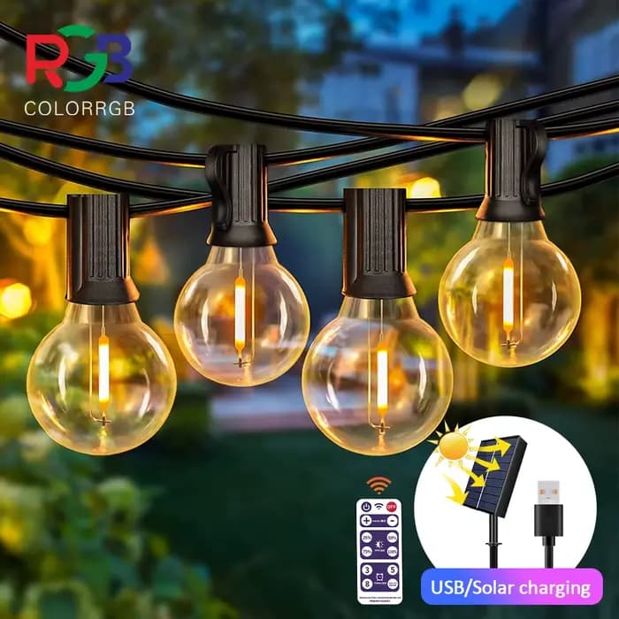 12M 30 LEDS G40 guirlandes solaires lumières de Patio extérieur solaire et alimenté par USB étanche 