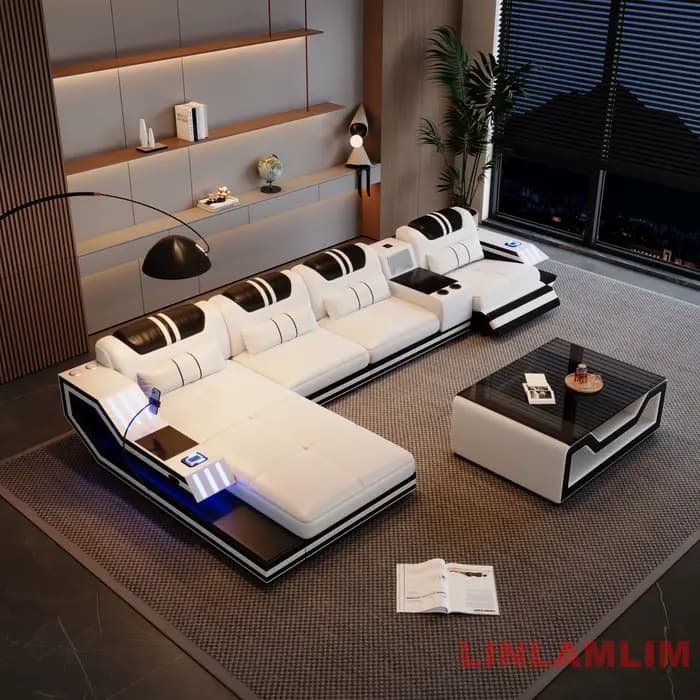 Canapé-lit sectionnel convertible en cuir véritable avec fauteuils inclinables électriques, rangemen