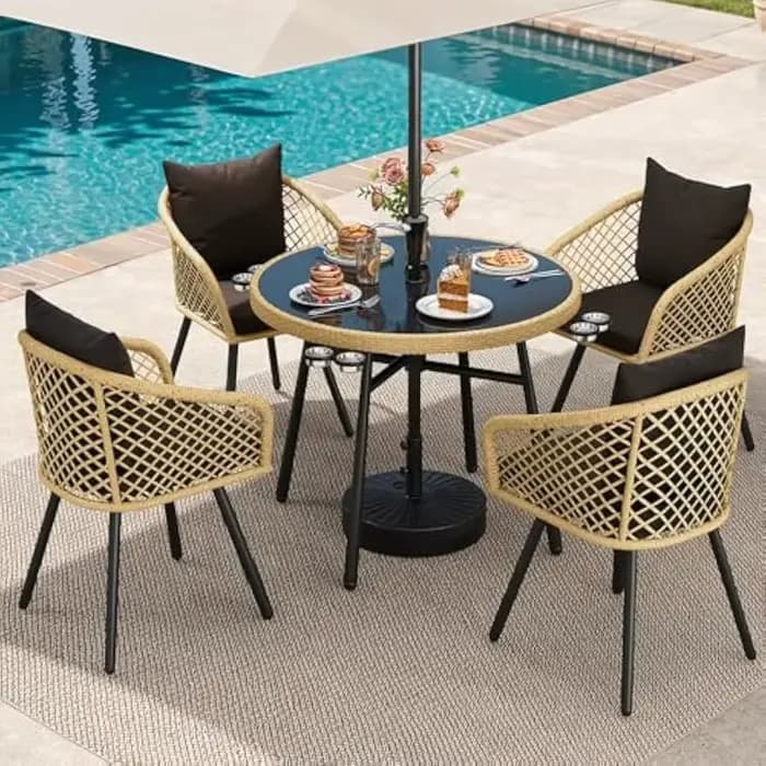 Ensemble de salle à manger d'extérieur 5 pièces avec coussins rembourrés, table et chaises de patio 