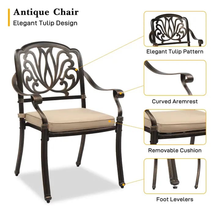 Chaises de salle à manger en fonte d'aluminium avec coussins, chaises de bistrot d'extérieur empilab