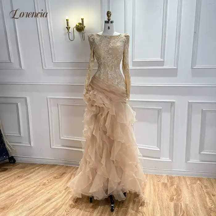 Lorencia – robe de soirée en dentelle à manches longues, en Organza, à volants, ajustée, robes de ba