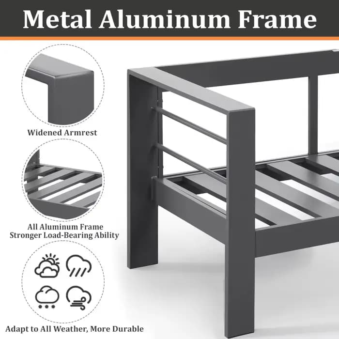 Canapé d'extérieur en aluminium, meubles de patio, canapé de patio en métal toutes saisons à 3 place
