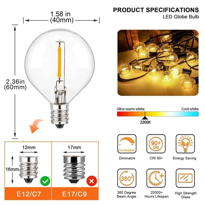 25 pièces Vintage G40 ampoule LED 1W E12 220V blanc chaud 2200K verre clair égal 7W chaîne à incande