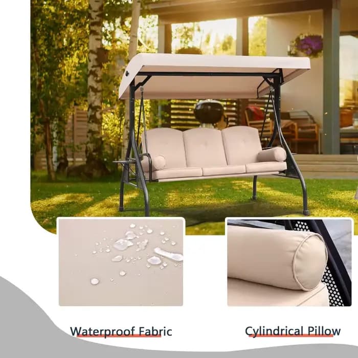 Balançoire de porche de Patio, balançoire extérieure à 3 places avec auvent réglable, coussin en tis