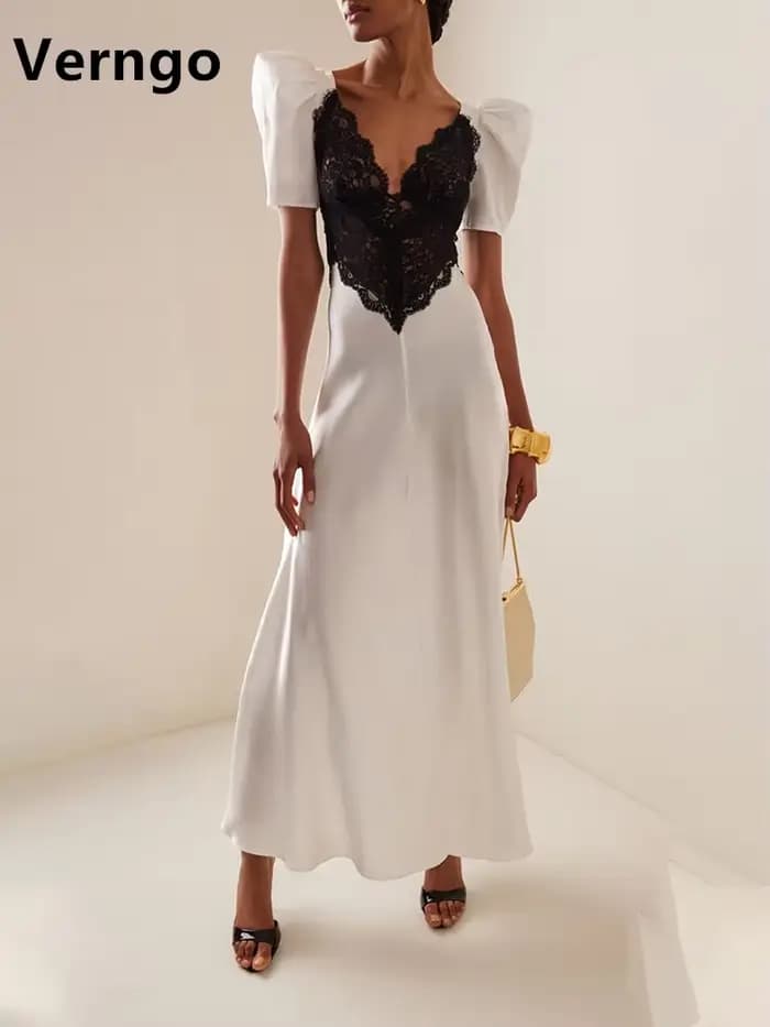 Verngo-Robe de Soirée en Dentelle pour Femme, Col en V, Manches Courtes Bouffantes, Tenue de Bal Sim