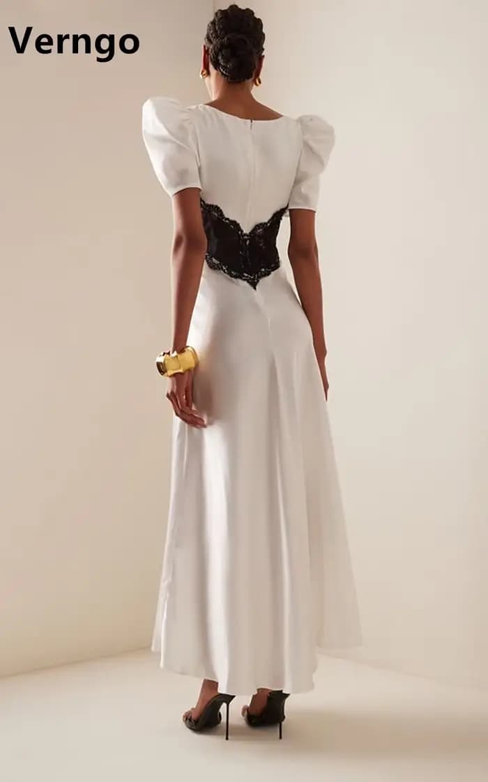 Verngo-Robe de Soirée en Dentelle pour Femme, Col en V, Manches Courtes Bouffantes, Tenue de Bal Simple, pour Occasions Formelles