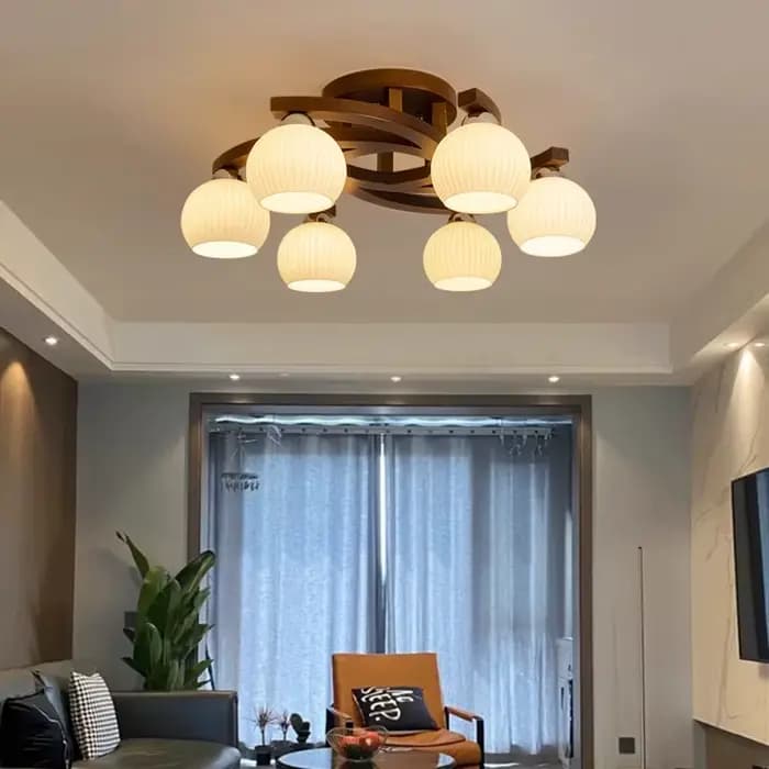 Lampe de plafond vintage en bois de noyer, lampe à boule de verre blanc laiteux, style Wabi-sabi, pour salon, chambre à coucher, salle à manger, bureau, hôtel
