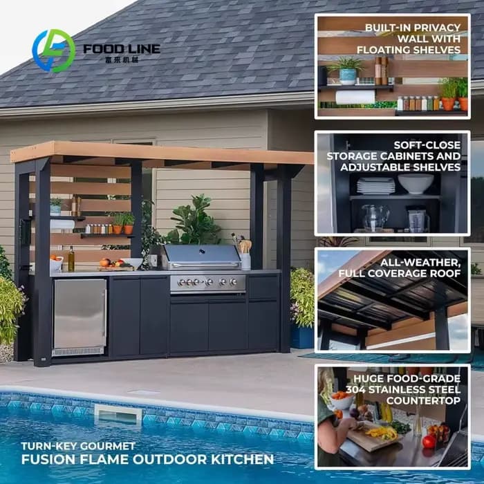 Îlot de cuisine extérieur personnalisé avec comptoir en granit et armoires en acier inoxydable pour terrasse et divertissement en plein air