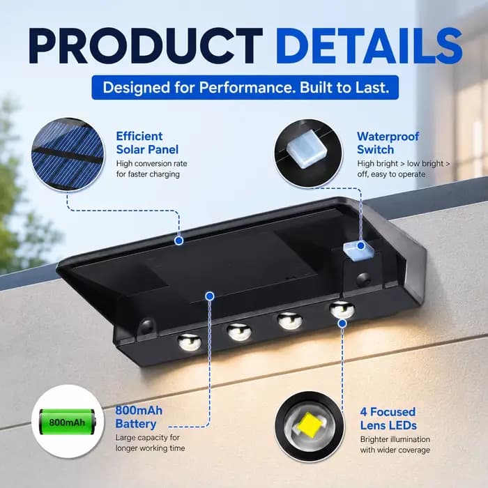 Paquet de 2 appliques murales solaires 4 LED lumières de clôture solaire
