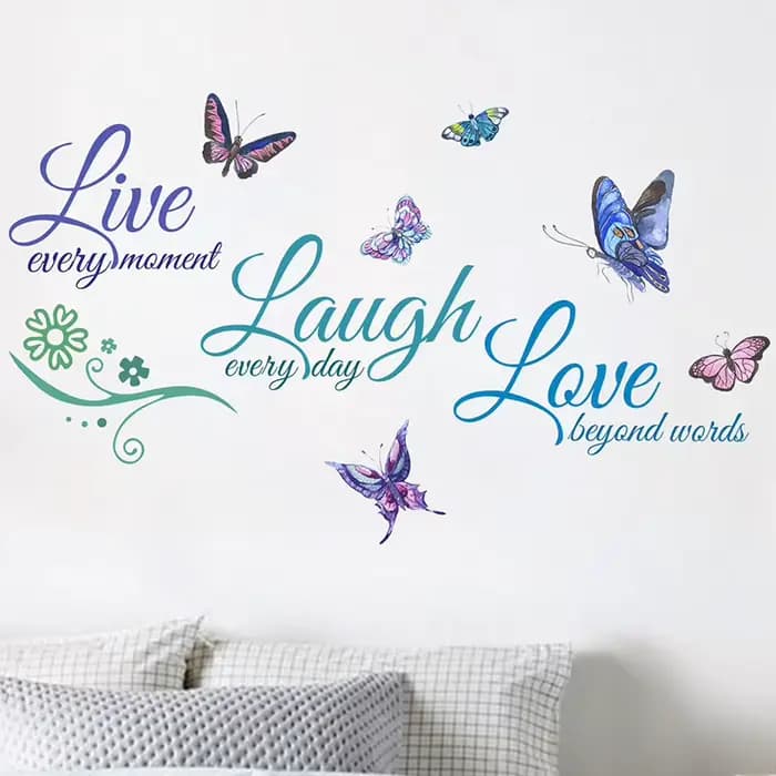 Autocollant mural avec slogan anglais, sticker auto-adhésif pour chambre à coucher, salon, HOButterfly, Live Laugh Love