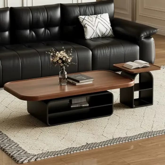 Table basse en bois marron avec centre en métal