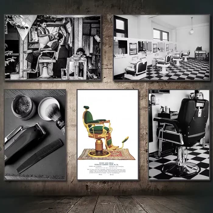 Affiche Murale Vintage Style Photo Noir et Blanc Salon de Coiffure Chaise de Barbier Peinture sur Toile Décoration Murale pour Chambre et Maison