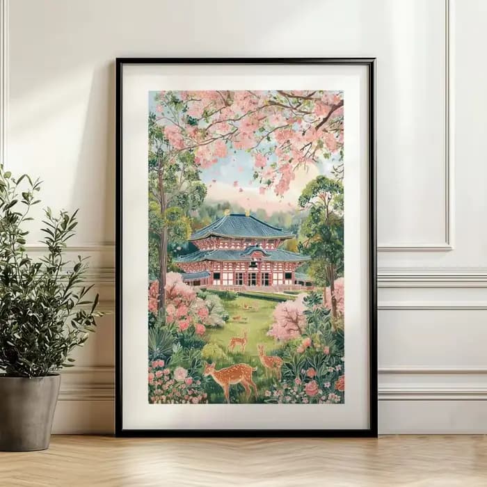 Affiche de paysage de voyage au Japon, ville florale rose, village japonais, fleurs de cerisier, peinture sur toile, art mural, décoration de salon, décoration de la maison