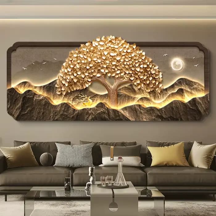 2025 salon décoration peinture LED lumières richesse arbre canapé fond Mural haut de gamme