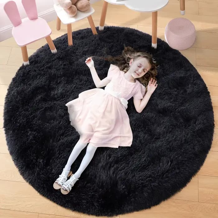 Tapis rond moelleux noir pour chambre à coucher, tapis de chambre d'enfants, Shaggy, salon, canapé, tapis de sol doux pour pépinière, décoration de maison