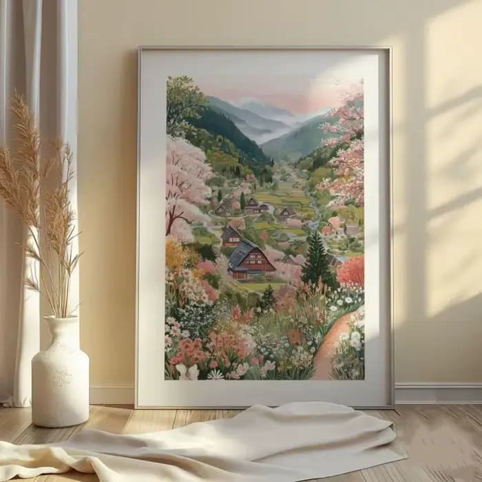 Affiche de paysage de voyage au Japon, ville florale rose, village japonais, fleurs de cerisier, peinture sur toile, art mural, décoration de salon, décoration de la maison