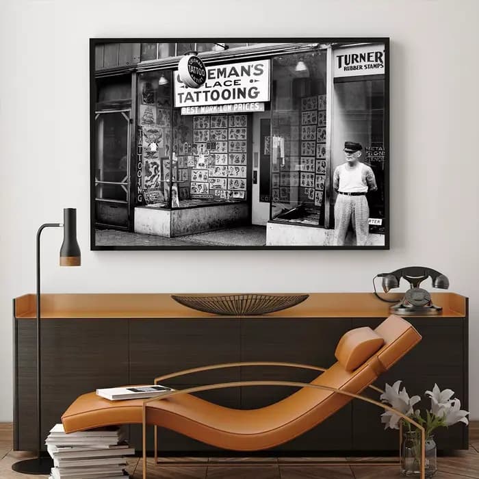 Affiche Murale Vintage Style Photo Noir et Blanc Salon de Coiffure Chaise de Barbier Peinture sur Toile Décoration Murale pour Chambre et Maison