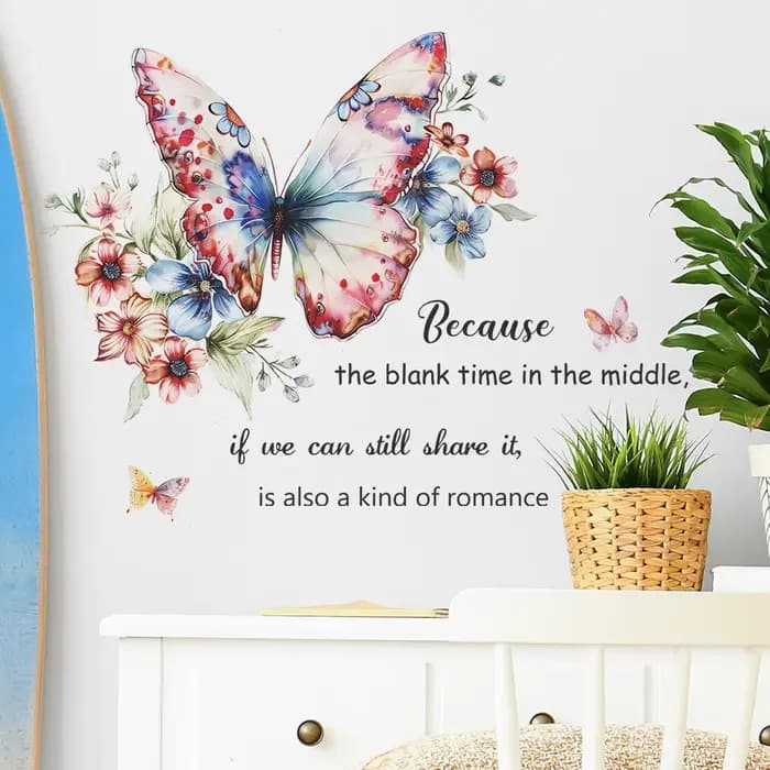 Autocollant mural anglais motif fleur et papillon, décoration murale pour salon, embellissement de fond, décoration de chambre, autocollants décoratifs auto-adhésifs pour la maison