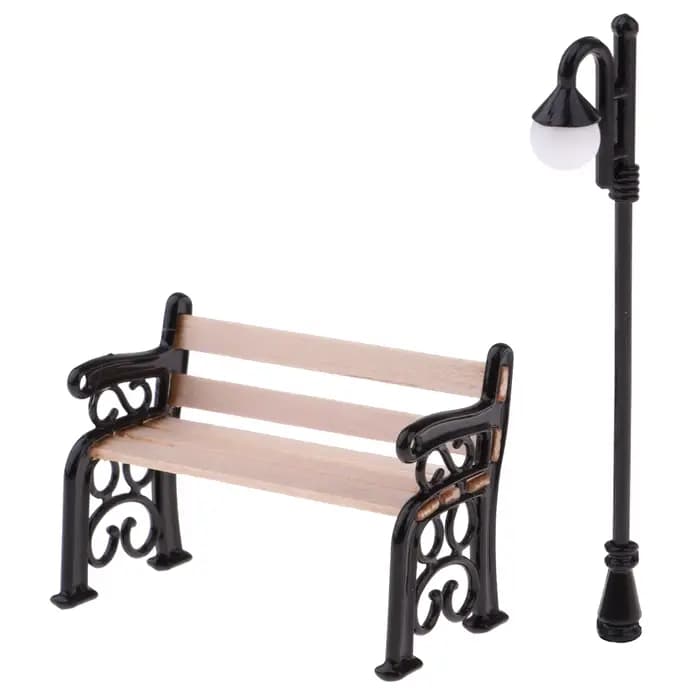 Banc de parc et lampadaire en bois