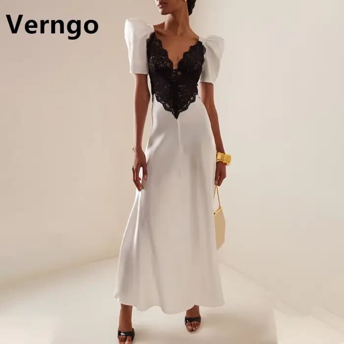 Verngo-Robe de Soirée en Dentelle pour Femme, Col en V, Manches Courtes Bouffantes, Tenue de Bal Simple, pour Occasions Formelles