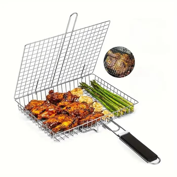 Barbecue grillé réutilisable viande poisson pince support manche en bois métal gril maille pliable