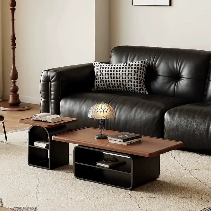 Table basse en bois marron avec centre en métal