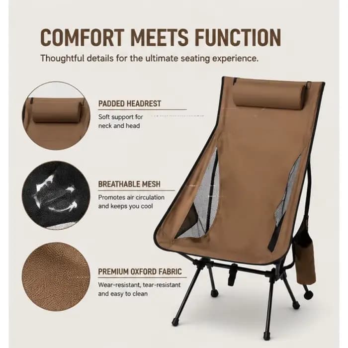 Chaise pliable en alliage d'aluminium, design confortable avec appui-tête, siège léger pour la pêche et les voyages en plein air
