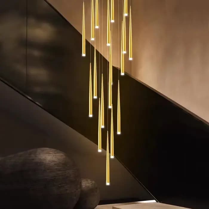 Lustre conique doré LED lampe de salon moderne éclairage intérieur lampe de cuisine Hall haut bâtiment escalier lustre