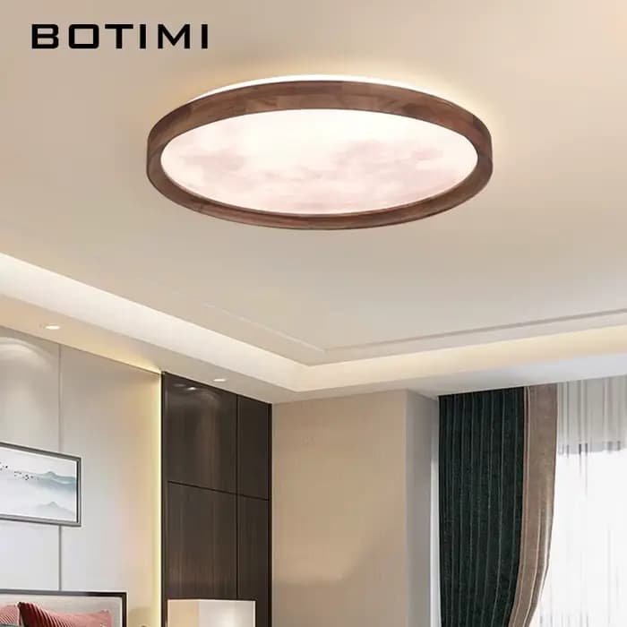 Plafonniers en bois de noyer avec télécommande pour salon, lampe de chambre à coucher moderne en bois massif à intensité variable, luminaire rond à montage en surface