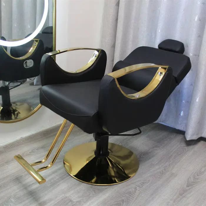 Ensemble de mobilier de salon de luxe en cuir PU et acier couleur or pour fauteuil de coiffeur et poste de miroir