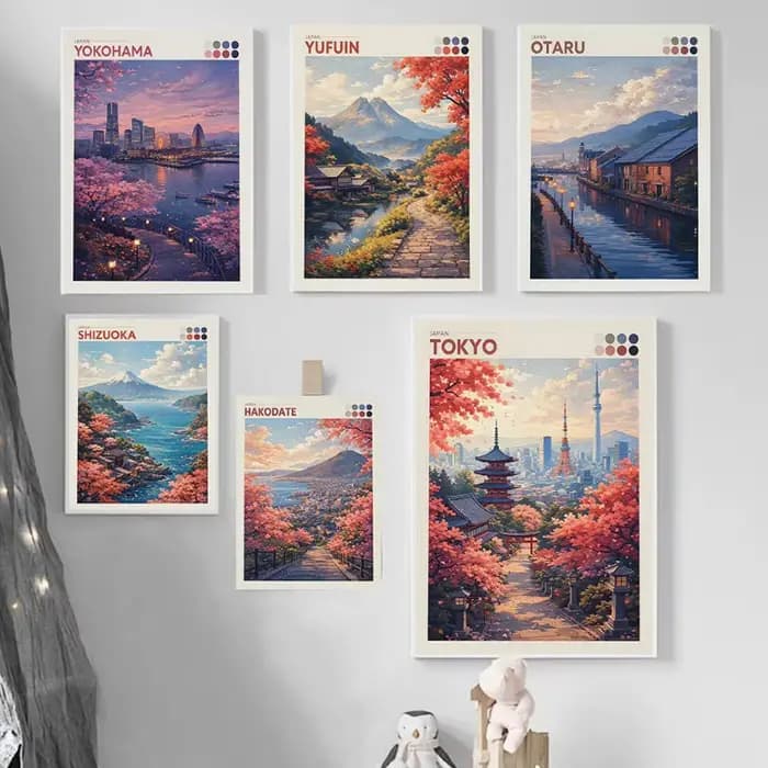 Affiche de paysage urbain japonais, Tokyo Shizuoka, fleurs de cerisier, mont Fuji, automne, portail Torii, château d'Okayama, impression sur toile, décoration de salon