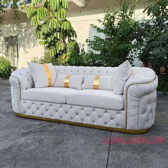 Ensemble de canapé sectionnel Chesterfield de luxe avec boutons en tissu