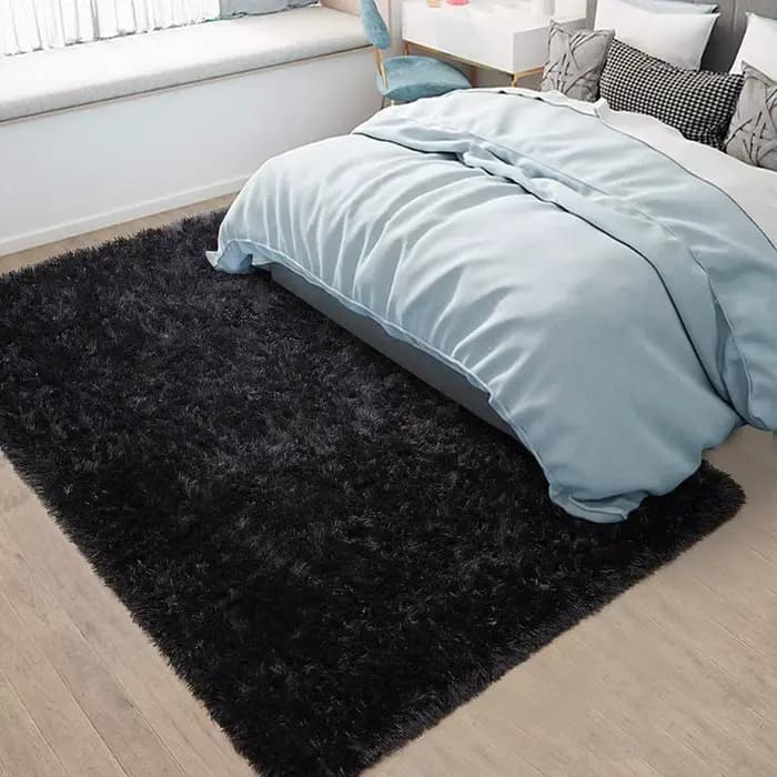 Tapis moelleux Shag Lea noir pour chambre d'enfant, tapis moelleux, tapis de salon, décor à la maison, polymères de sol