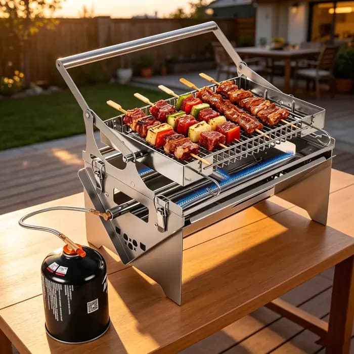 Barbecue à gaz portable, 360 °   Barbecue rotatif au charbon de bois, barbecue de camping en acier inoxydable avec sac de transport