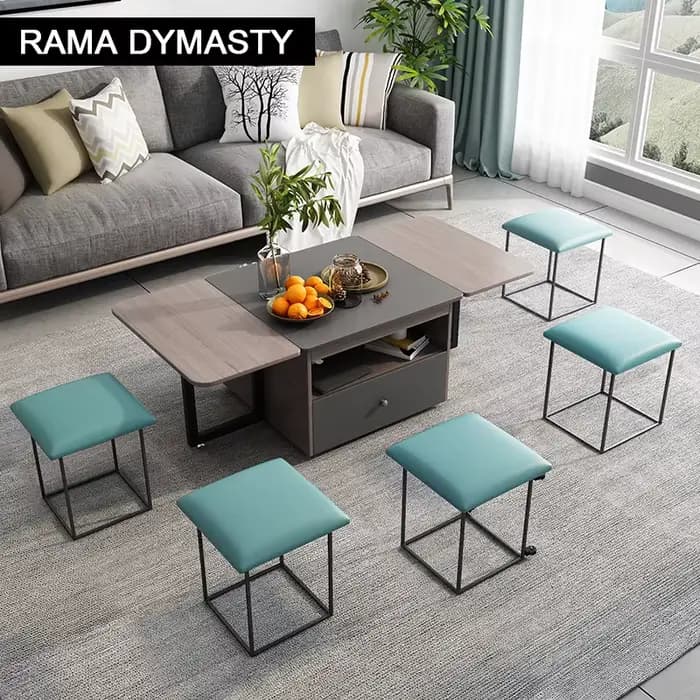 Table pliante avec tabourets, rangement multifonctionnel, table à thé pliable